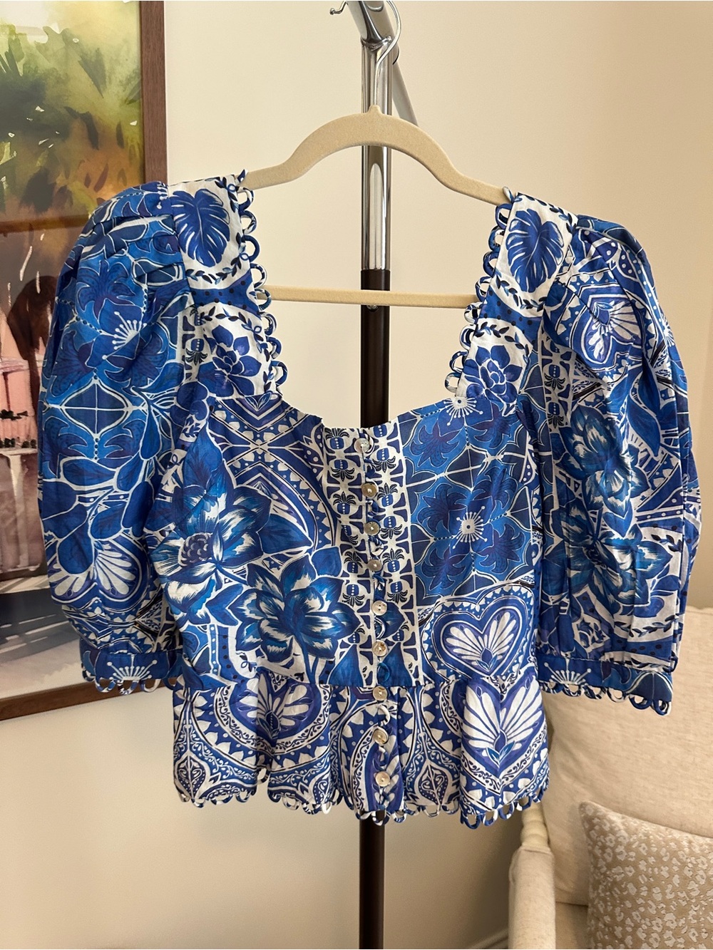 FARM Rio Blue & White Floral Puff-Sleeve Peasant Blouse